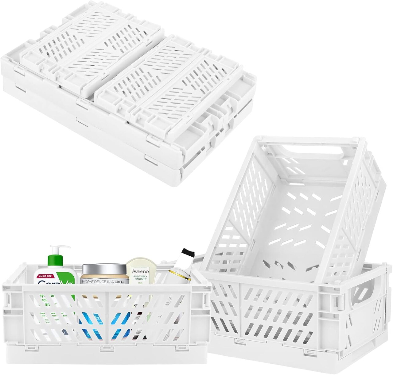 Plastic Storage Baskets – 2 Medium & 2 Small Folding Crates for Desk, Drawer, Home, Kitchen, Office, Bedroom, Bathroom, and Classroom Organization (White)